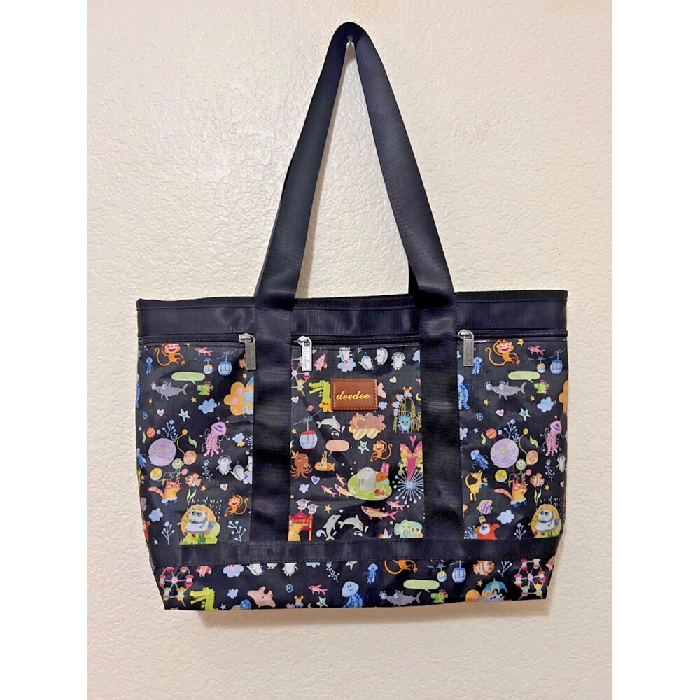 DEEDEE Black Whimsical Cartoon Marine Life Amusement Park Print Nylon Tote Bag